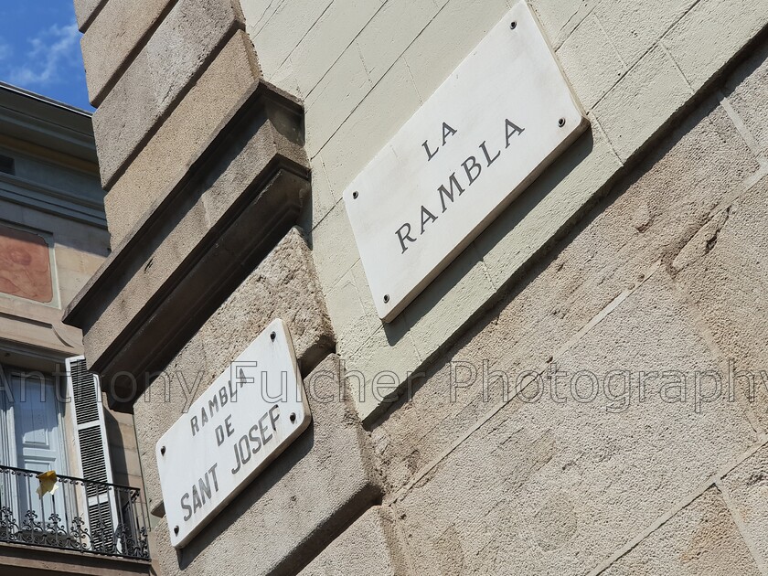 Street 
 La Rambla road name on wall 
 Keywords: roadname, street, barcelona, spain,